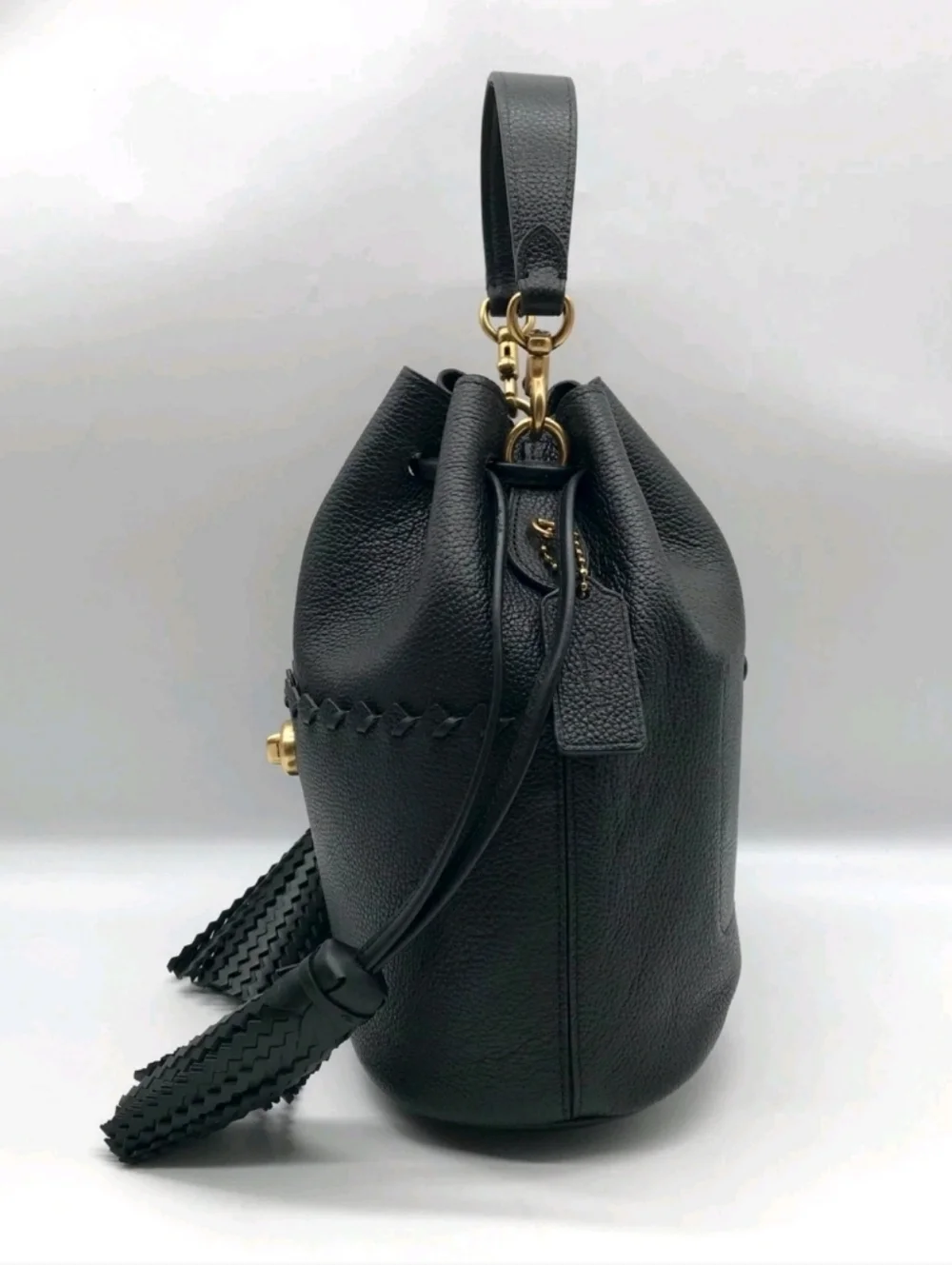 NWOT Coach Blk Pebbled Leather Lora Whipstitch Bucket Bag Detachable Crossbody